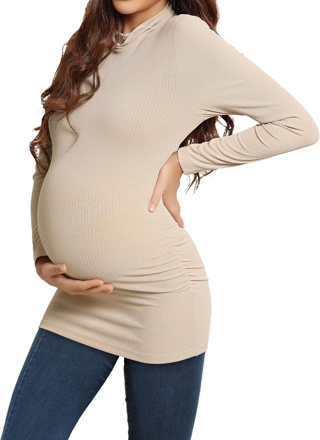 Turtleneck & Long Sleeve Ribbed Maternity Shirts Basic Top Ruch Sides Bodycon Tshirt for Pregnant Women