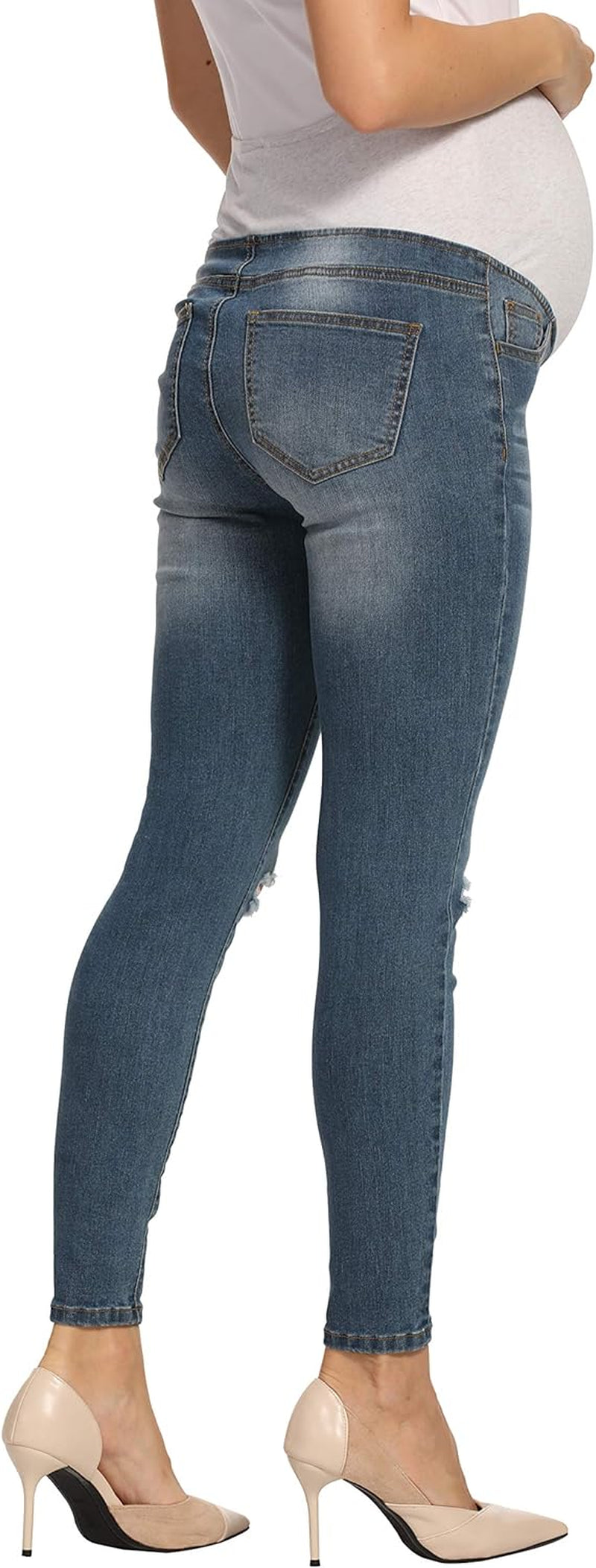 Maternity Overbump Mom Skinny Jeans Ripped Knees Holes Slim Pregnancy Jean Indigo Blue Medium