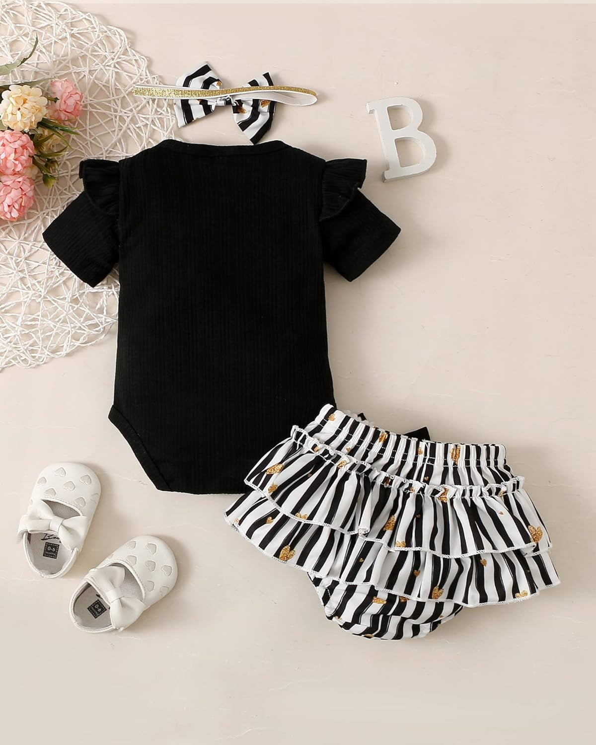 Baby Girl Clothes Newborn Girl Outfits, Infant Ruffle Sleeve Romper+ Floral Shorts+ Cute Headband 3PCS Cotton Baby Summer Clothing Set(Black,3-6M)