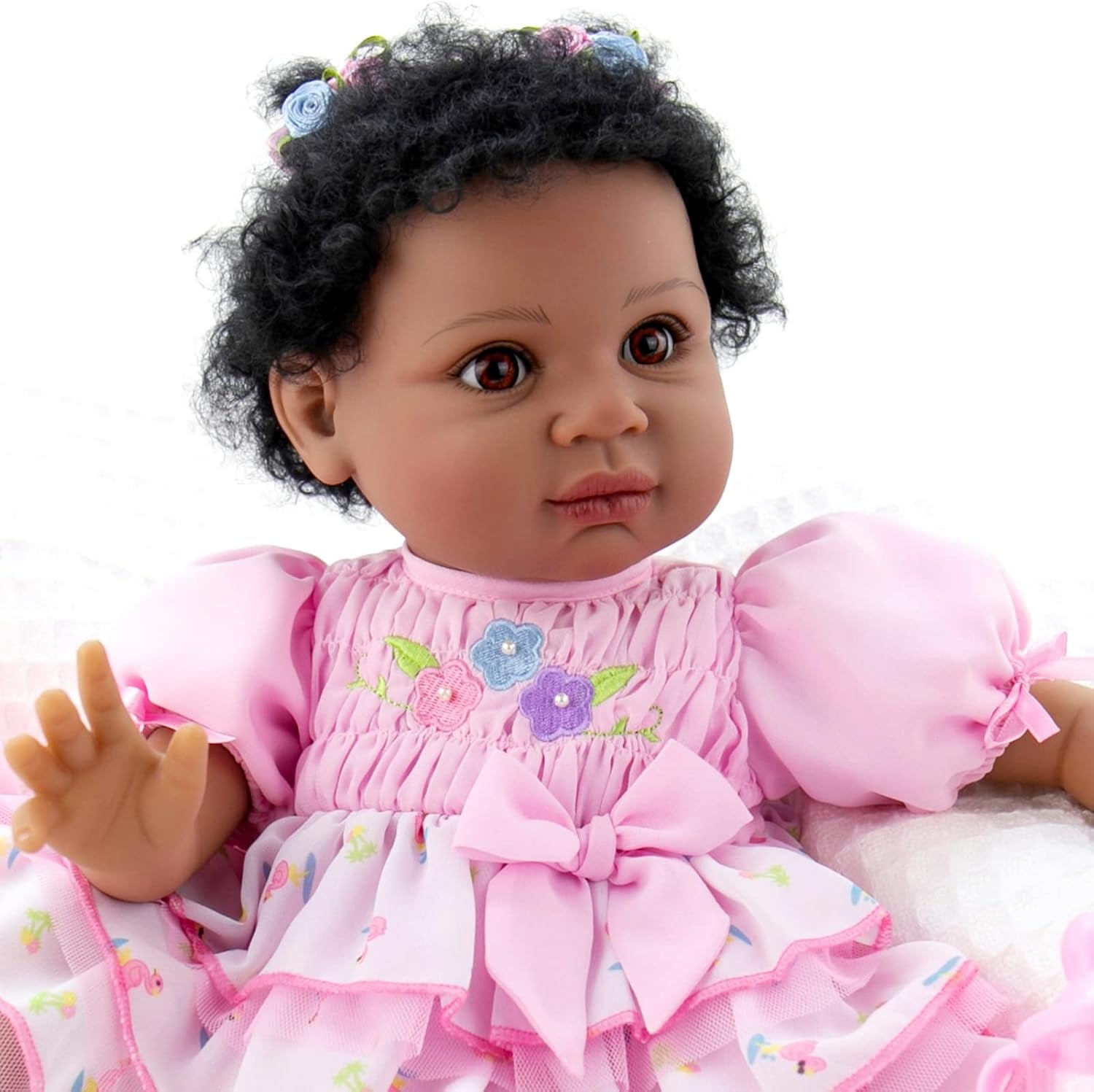 Reborn Baby Dolls Black 22 Inch Biracial Lifelike Black Americans Reborn Girl Dolls with Pink Dress Flamingo Gift Set and Doll Accessories