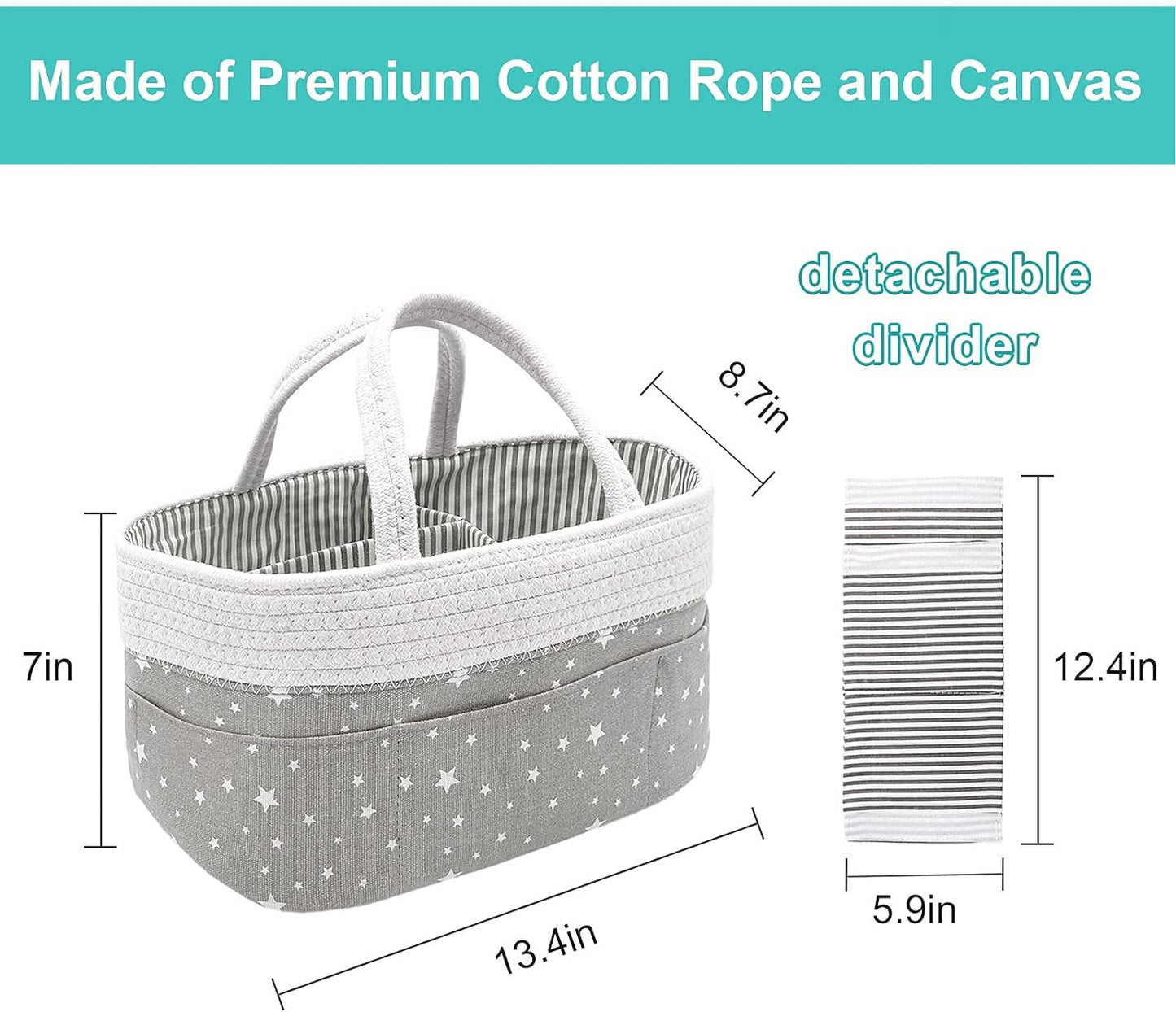 Cotton Rope Baby Diaper Caddy Organizer Nursery Storage Bin Stacker Basket for Newborn Girl & Boy Portable Changing Table Car with Divider for Wipes Diapers(Grey&White Star)