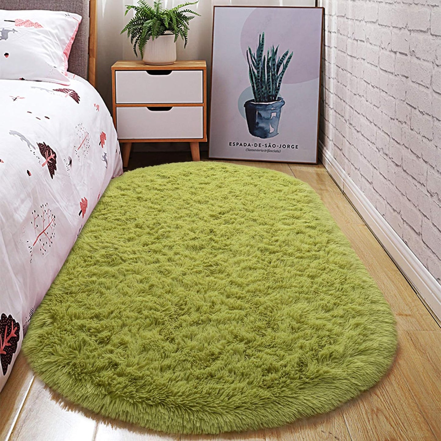 Oval Fluffy Ultra Soft Area Rugs for Bedroom Plush Shaggy Carpet for Kids Room Bedside Nursery Mats, 2.6 X 5.3Ft, Green