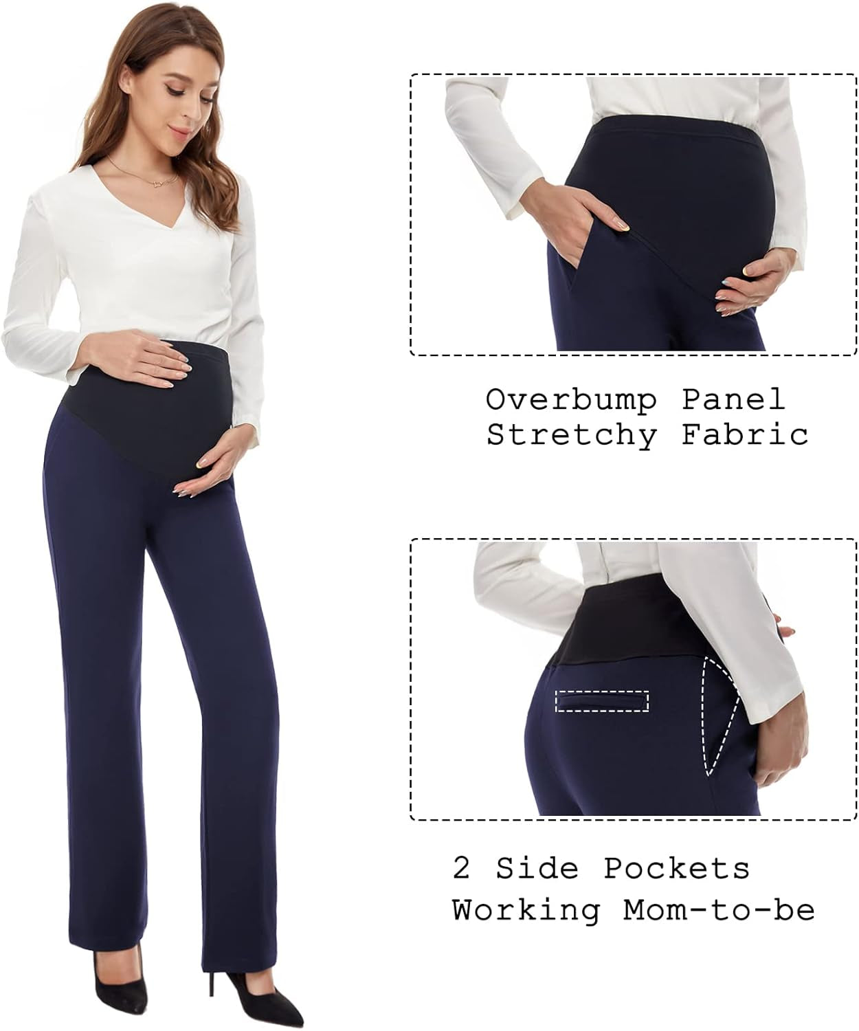 Women'S Maternity Pants 28" 30" 32" Bootcut Dress Pants with Pockets over Belly Pregnancy Work Pants Over-Bump Casual