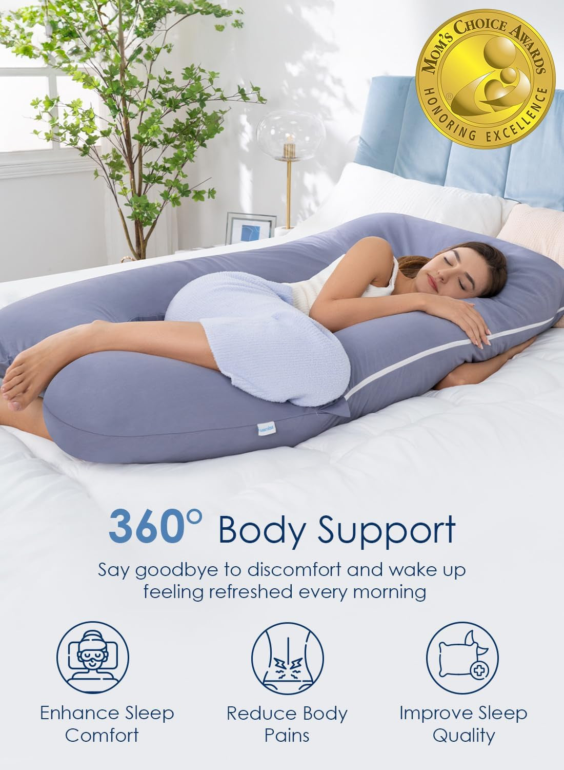 Pregnancy Pillow, U Shaped Full Body Pillows for Sleeping Support, 55 Inch Maternity Pillow for Pregnant Women with Cooling Silky Cover, Blue