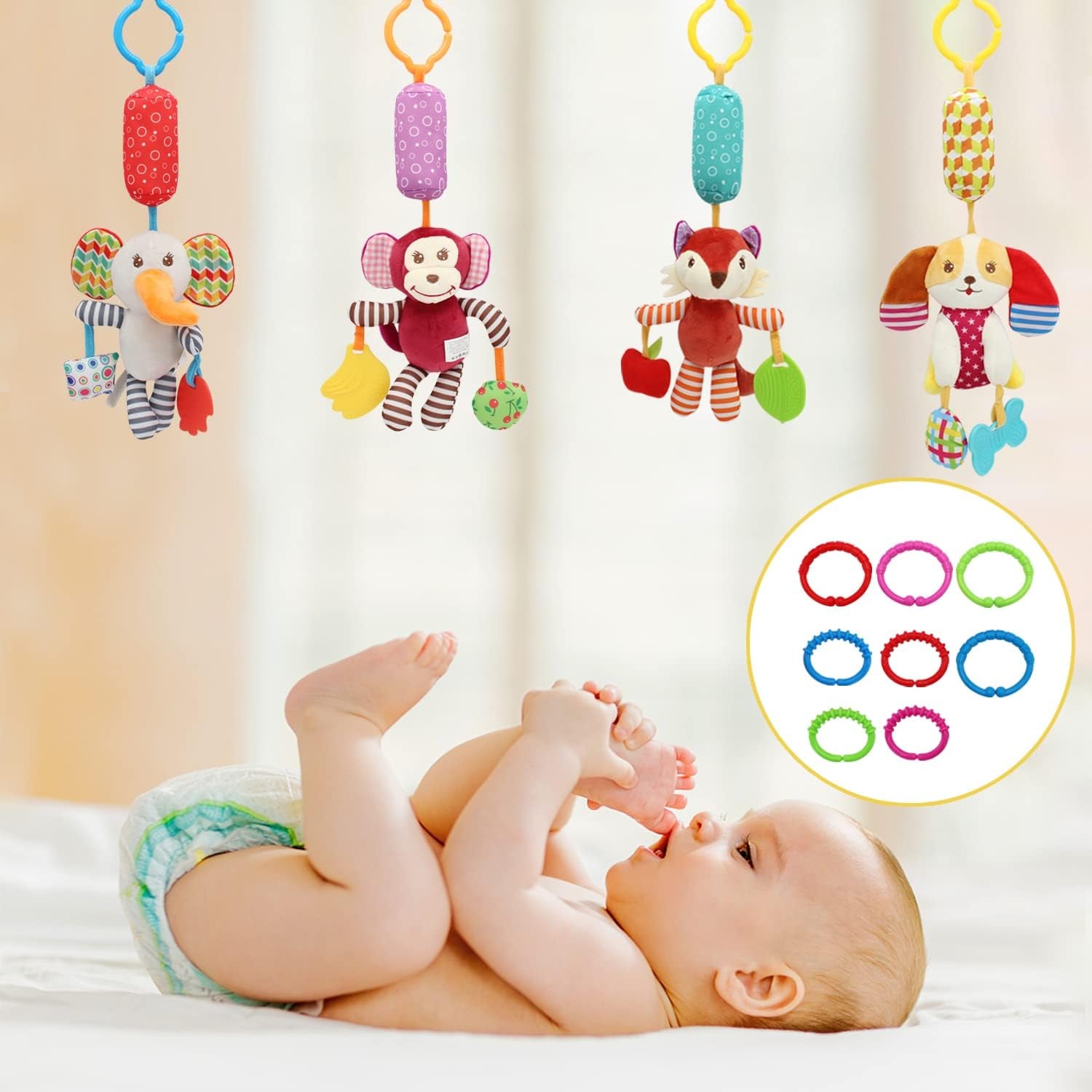 Baby Stroller Rattle Toy, Soft Baby Rattle Toys, Hanging Rattle Clip on Car Seat and Baby Stroller for Infants, Sensory Plush Animal Toys for Newborn Baby Girls and Boys (12 Pcs A)