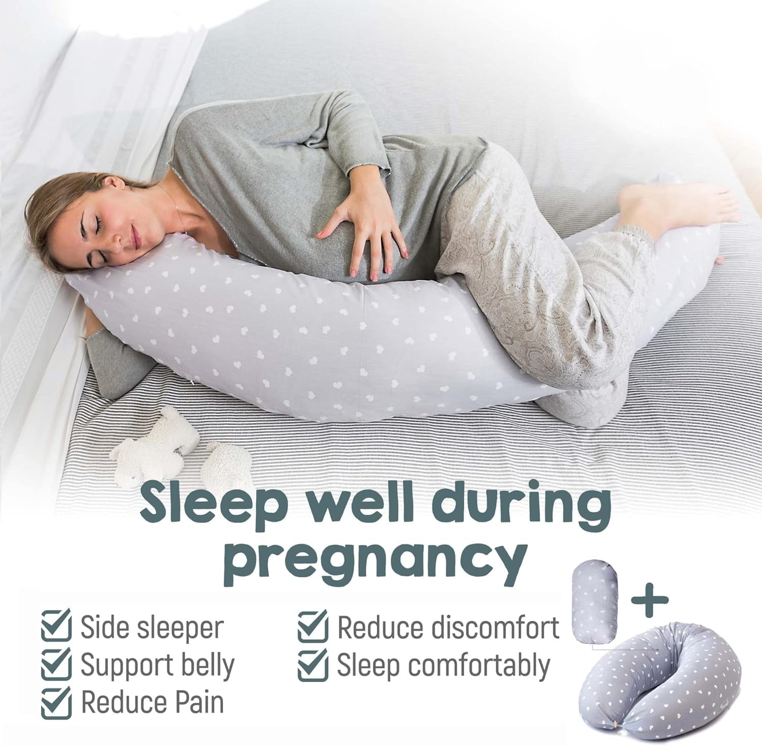 ® Pregnancy Pillow - Full Body Support Maternity Pillow for Sleeping – Providing Support for Adults and Pregnant Women Back, HIPS, Legs & Belly - Removable 100% Cotton Cover (Gray Hearts)