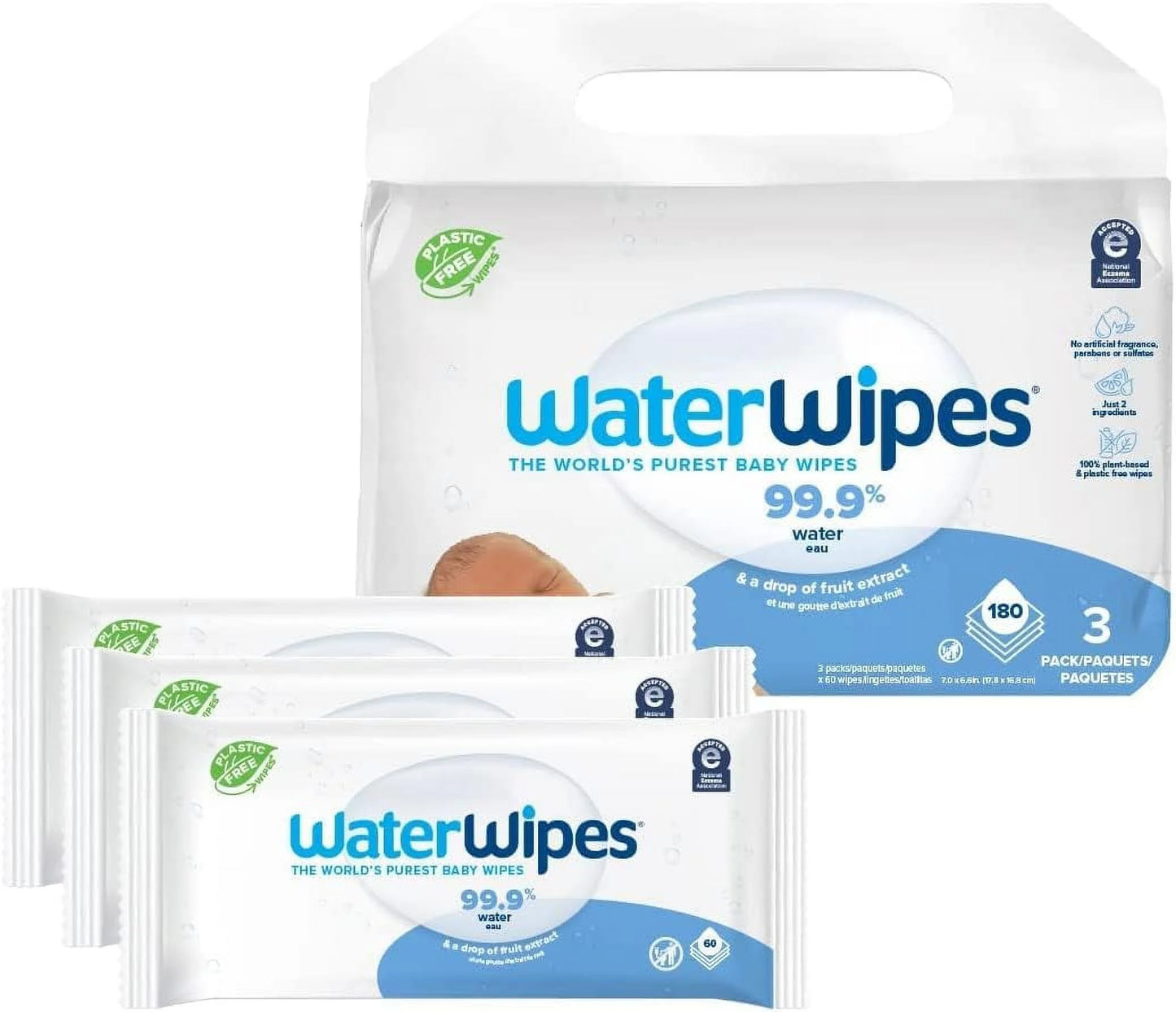 Plastic-Free Original Baby Wipes, 99.9% Water Based Wipes, Unscented & Hypoallergenic for Sensitive Skin, 180 Count (3 Packs), Packaging May Vary 60 Count (Pack of 3)