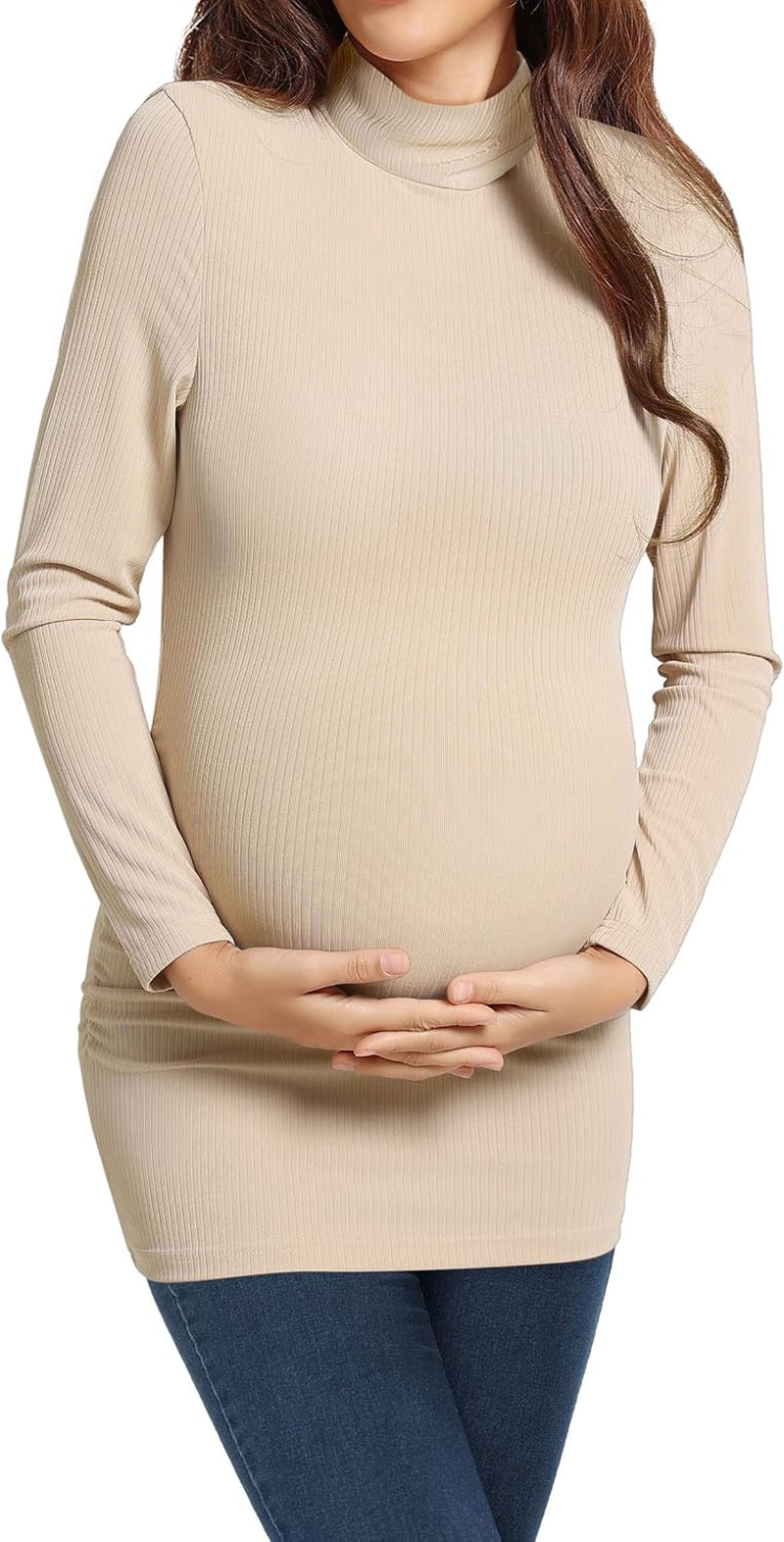 Turtleneck & Long Sleeve Ribbed Maternity Shirts Basic Top Ruch Sides Bodycon Tshirt for Pregnant Women