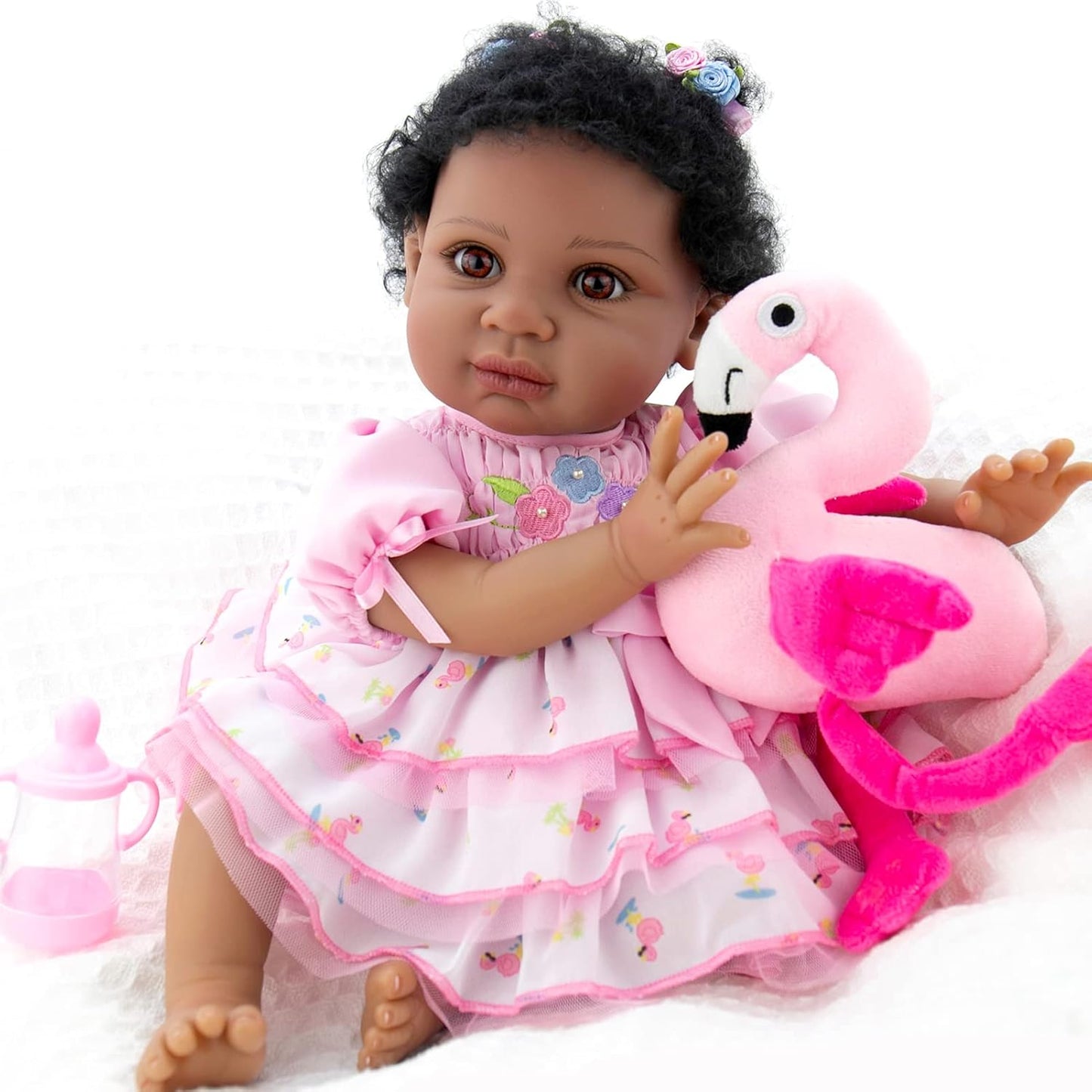 Reborn Baby Dolls Black 22 Inch Biracial Lifelike Black Americans Reborn Girl Dolls with Pink Dress Flamingo Gift Set and Doll Accessories