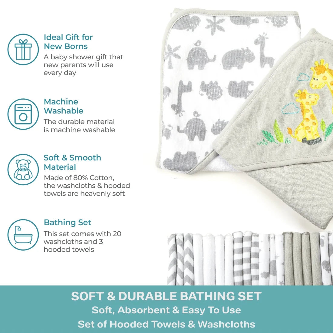 Bath Hooded Towels & Washcloths Set for Babies, 23-Piece Gift Set, Gray Giraffe