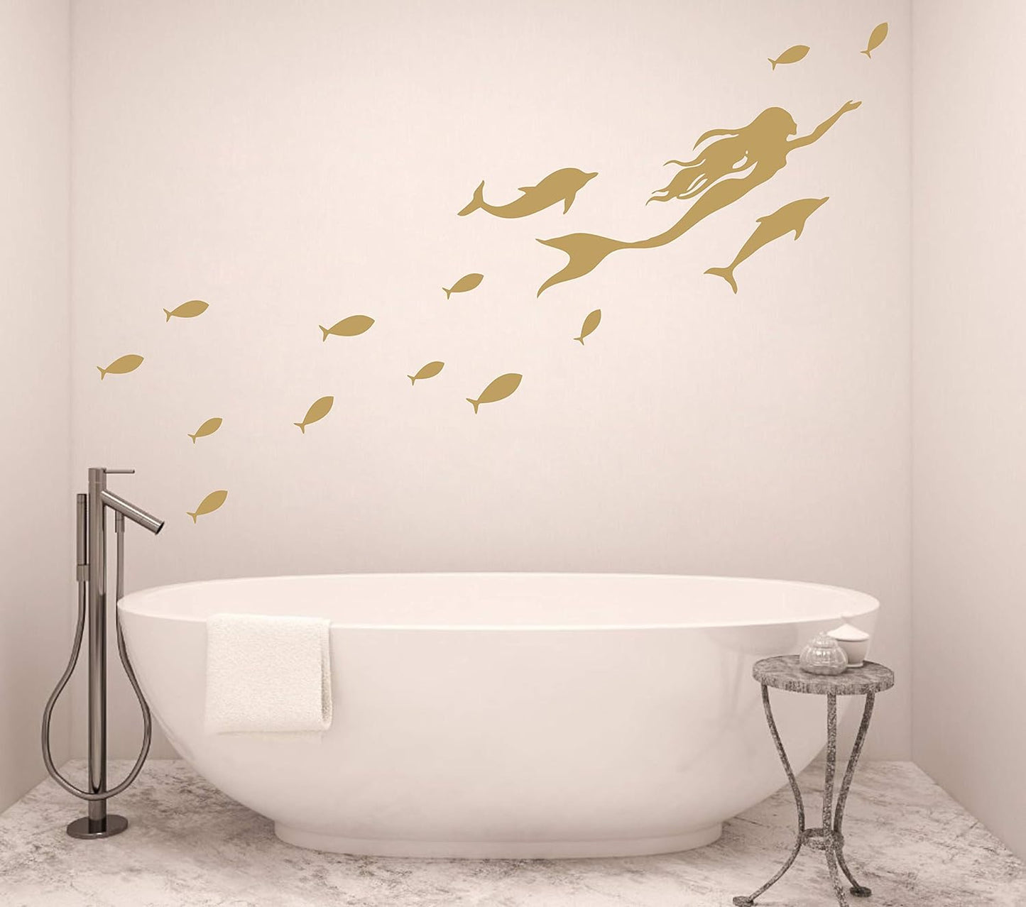 Mermaid Wall Decals, Fish Wall Stickers, Nautical Sea Ocean Dolphin Decal, Vinyl Sticker for Bathroom, Nursery Decor, Home Decor Art Mural A56 (Gold)