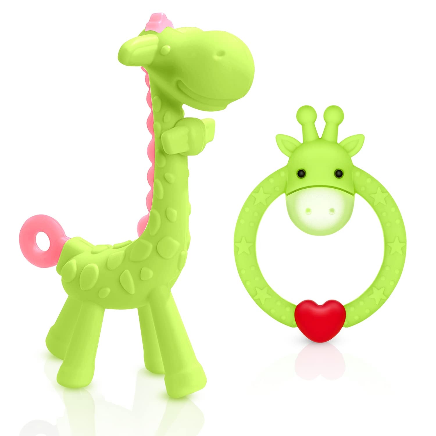 BPA Free 2 Silicone Giraffe Baby Teether Toy with Storage Case, for 3 Months above Infant Sore Gums Pain Relief and Baby Shower, Set of 2 Different Teething Toys (Avocado)