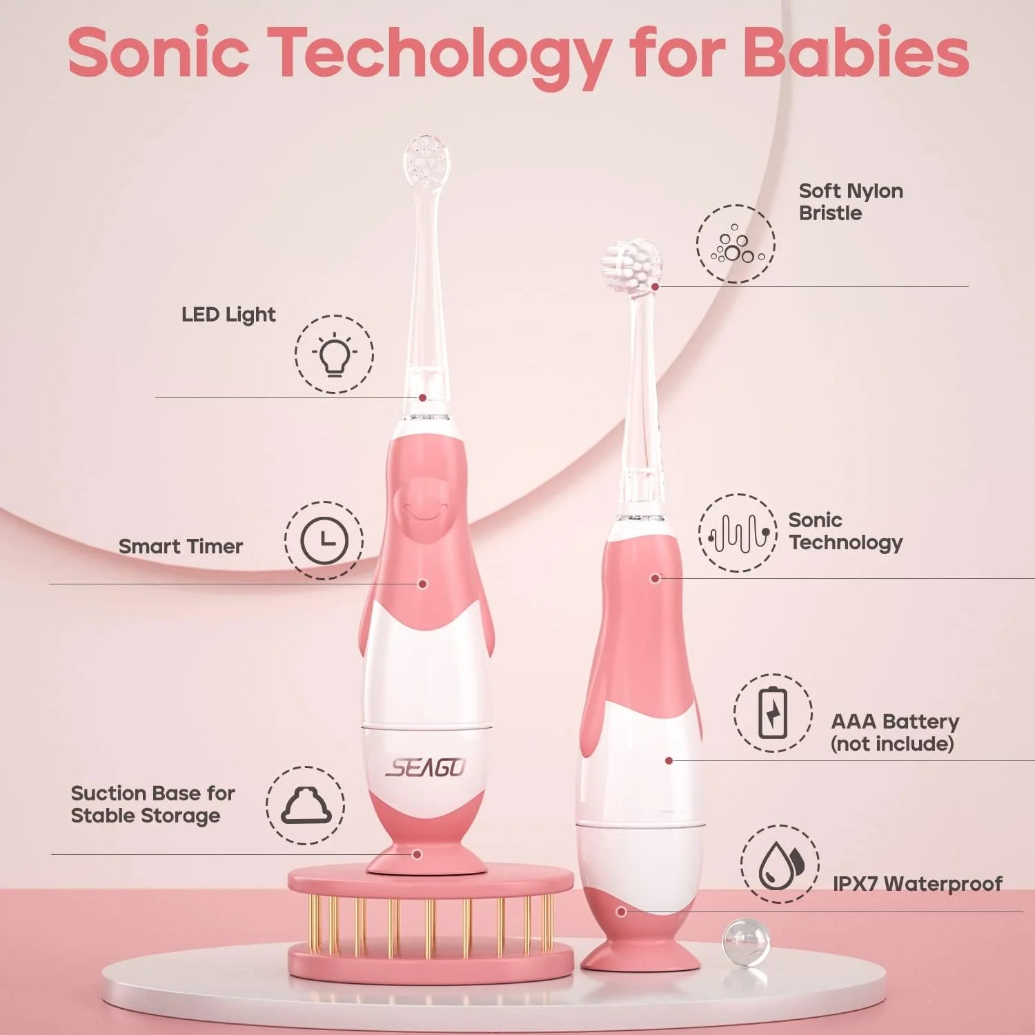 Baby Electric Toothbrush for Toddlers from 0 to 3 Years Old,  Toothbrush with LED Light Brush Intelligent Timer Waterproof Ipx7，Baby Gift (513Pink)……