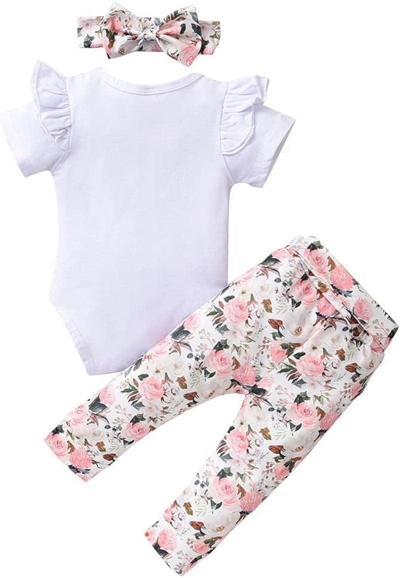 3PCS Baby Girl Clothes Infant Romper Short Sleeve Tops and Floral Pants Outfit Set with Headband White