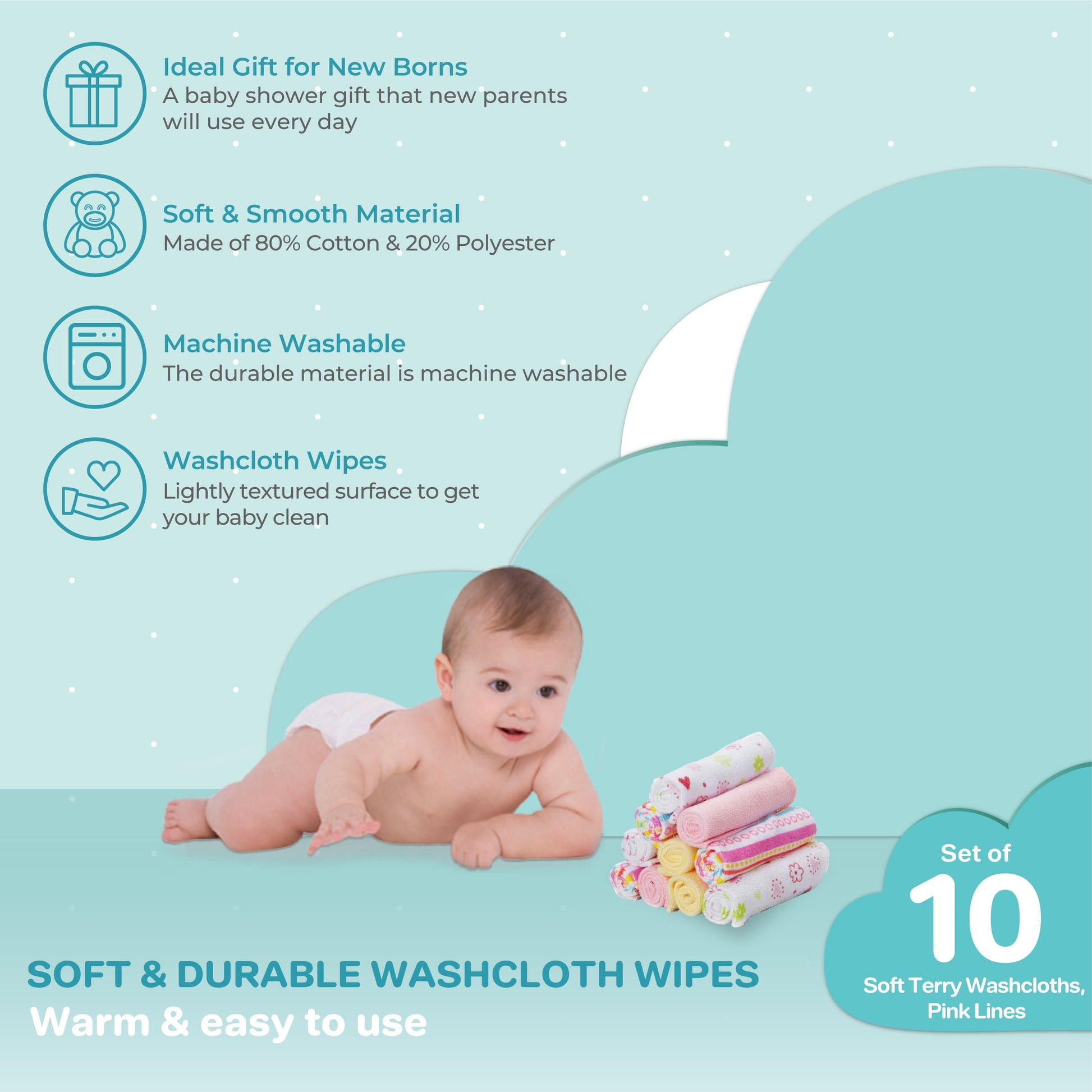 Washcloth Wipes Set for Newborns and Infants, Terry Bathtime Essentials, Pack of 10, Pink Stripes