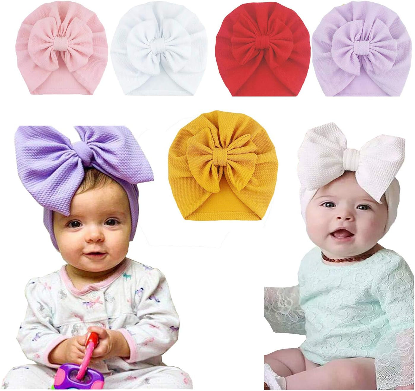 Baby Girl Hat Newborn Turbans Headwraps Infant Nursery Hospital Hat Toddlers Headwear (5Pcs Baby Bow Turban Hats)