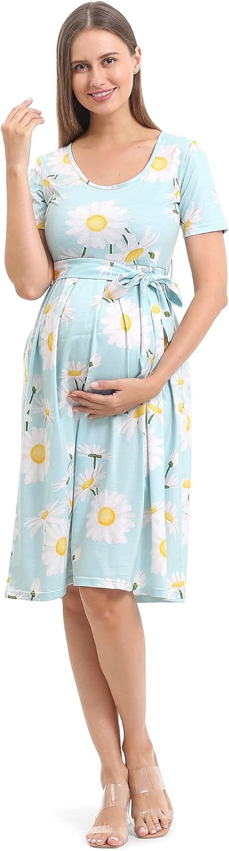 Women'S Maternity Dress Casual Maternity Swing Dress Pregnancy Clothes Knee Length with Belt