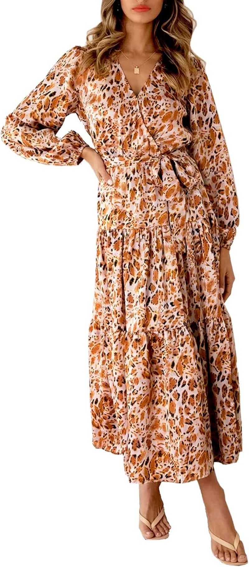 Womens Floral Chiffon Flowy Maxi Dress Wrap V Neck Tie Waist Dresses