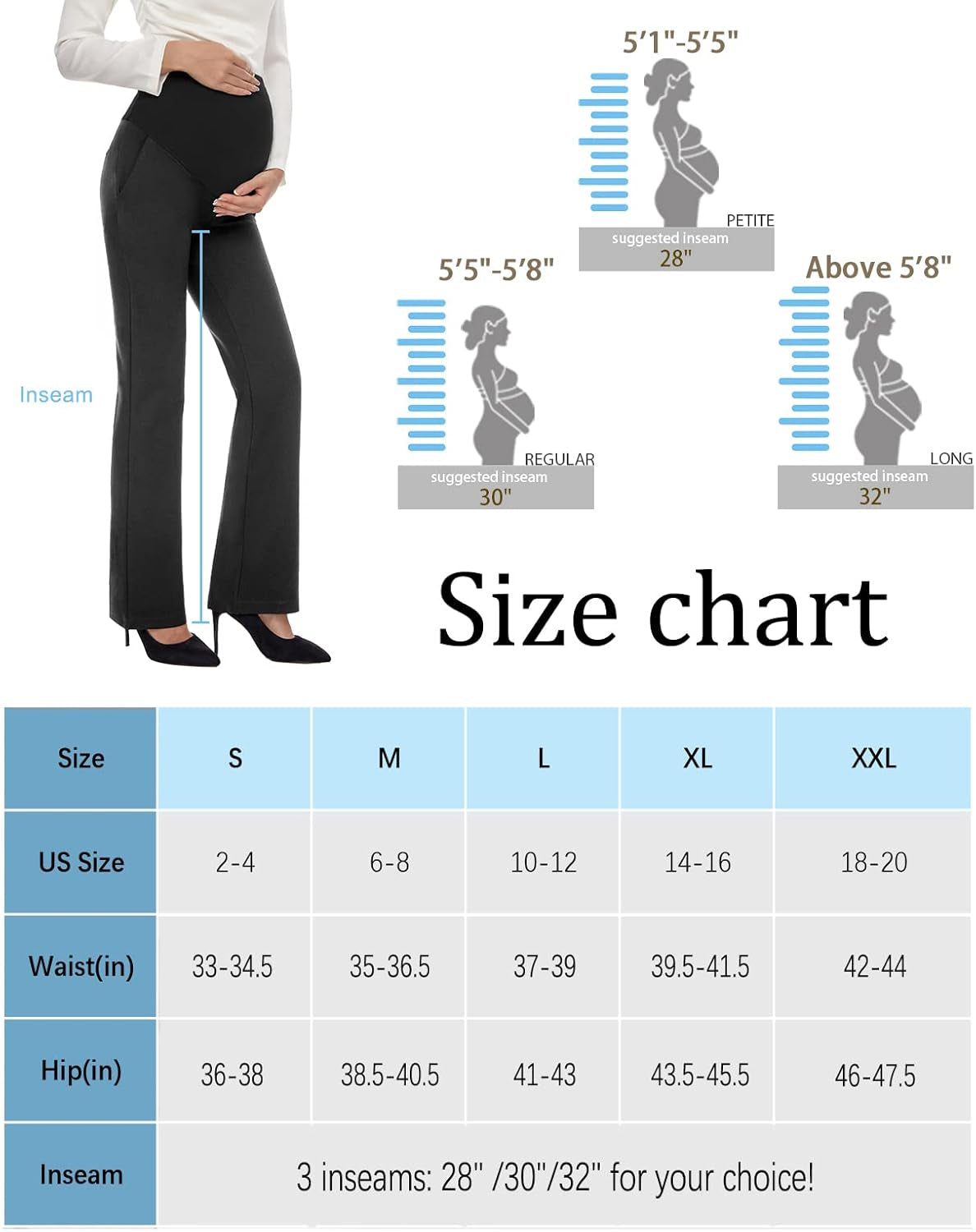 Women'S Maternity Pants 28" 30" 32" Bootcut Dress Pants with Pockets over Belly Pregnancy Work Pants Over-Bump Casual