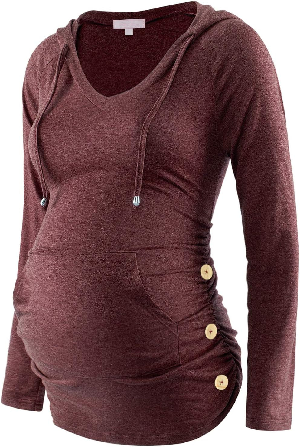 Maternity Hoodies Long Sleeve Sweatshirts Pregnancy Top Side Ruched Button Blouse Burgendy L