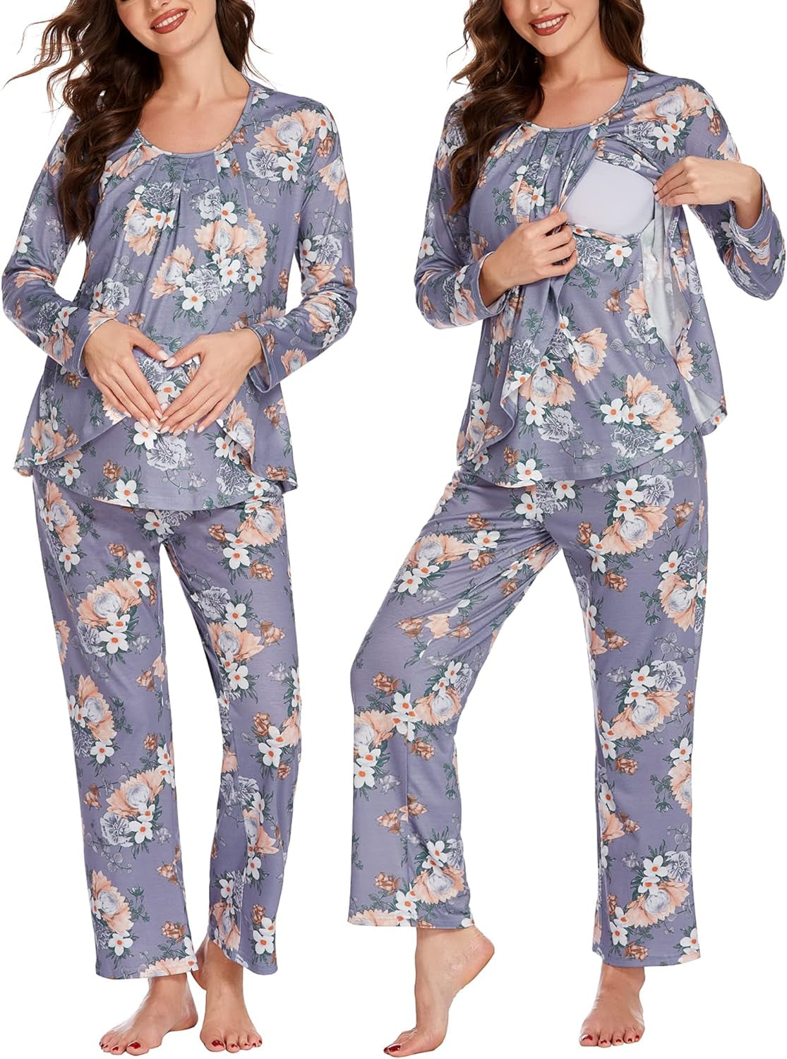 Women'S Maternity Nursing Pajamas Set with Pocket Long Sleeve Soft Pregnancy Breastfeeding Pj Set Floral Printed Purple XXL