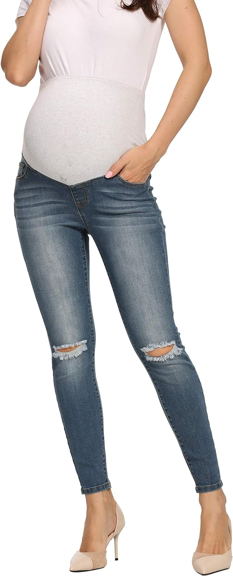 Maternity Overbump Mom Skinny Jeans Ripped Knees Holes Slim Pregnancy Jean Indigo Blue Medium