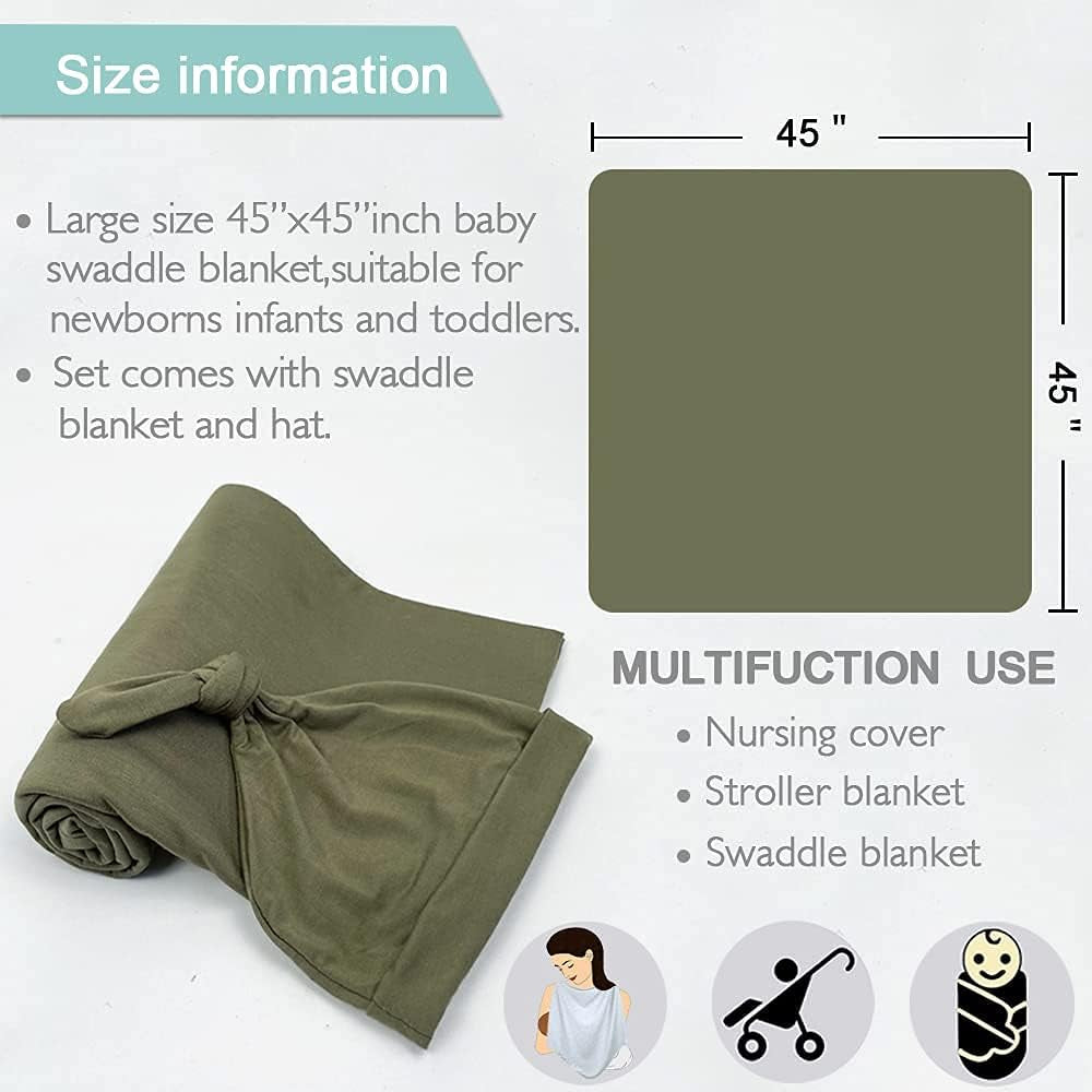 Swaddle Blanket and Hat Set Newborn Swaddle Wrap Baby Receiving Blanket for Baby Boys Girls(Olive)