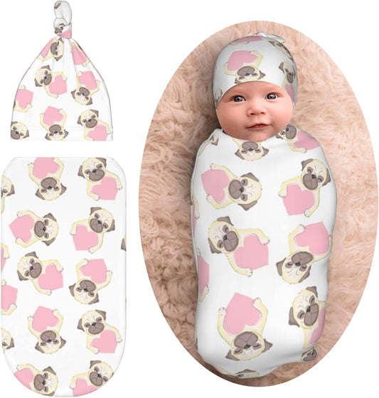 Pink Pug Baby Stuff Newborn Swaddle Blanket Baby Swaddle Blankets Wrap Receiving Blanket Pug Gifts for Pug Lovers with Beanie Hat for Boy Girl