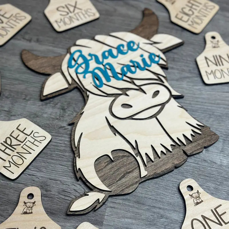 Cow Tag Baby Milestones, Baby Shower Gift, Baby Boy, Baby Girl, Birth Announcement Sign, Engraved Wood Monthly Milestone Photo Prop, Highland Cow Baby