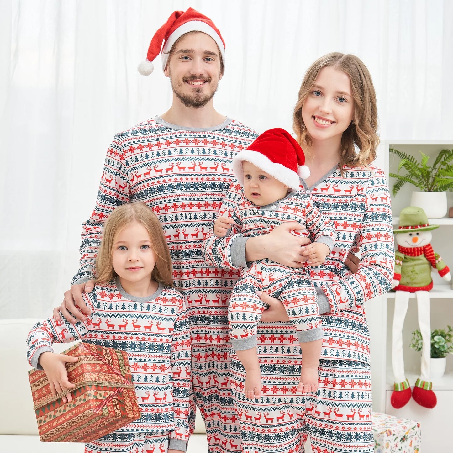 Family Matching Christmas Deer Printing Family Fitted Cotton Soft Two-Piece Pajamas Sets Outfits, Unisex