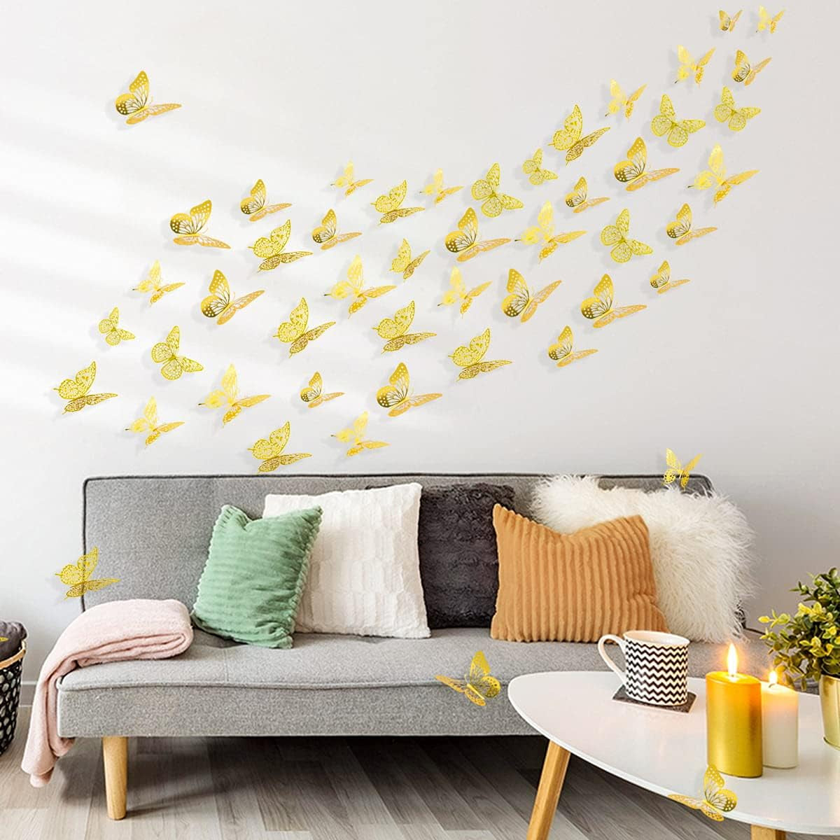 Butterfly Wall Stickers Decorations 3D Butterflies Decals for Girls Room Bedroom Nursery Decor Butterfly Birthday Party Decoration Wedding Cake Decorating 48Pcs (Gold)