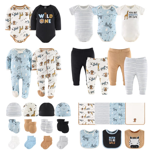 Newborn Layette Gift Set for Baby Boys, Blue Safari, 30 Essential Pieces, 0-3 Months