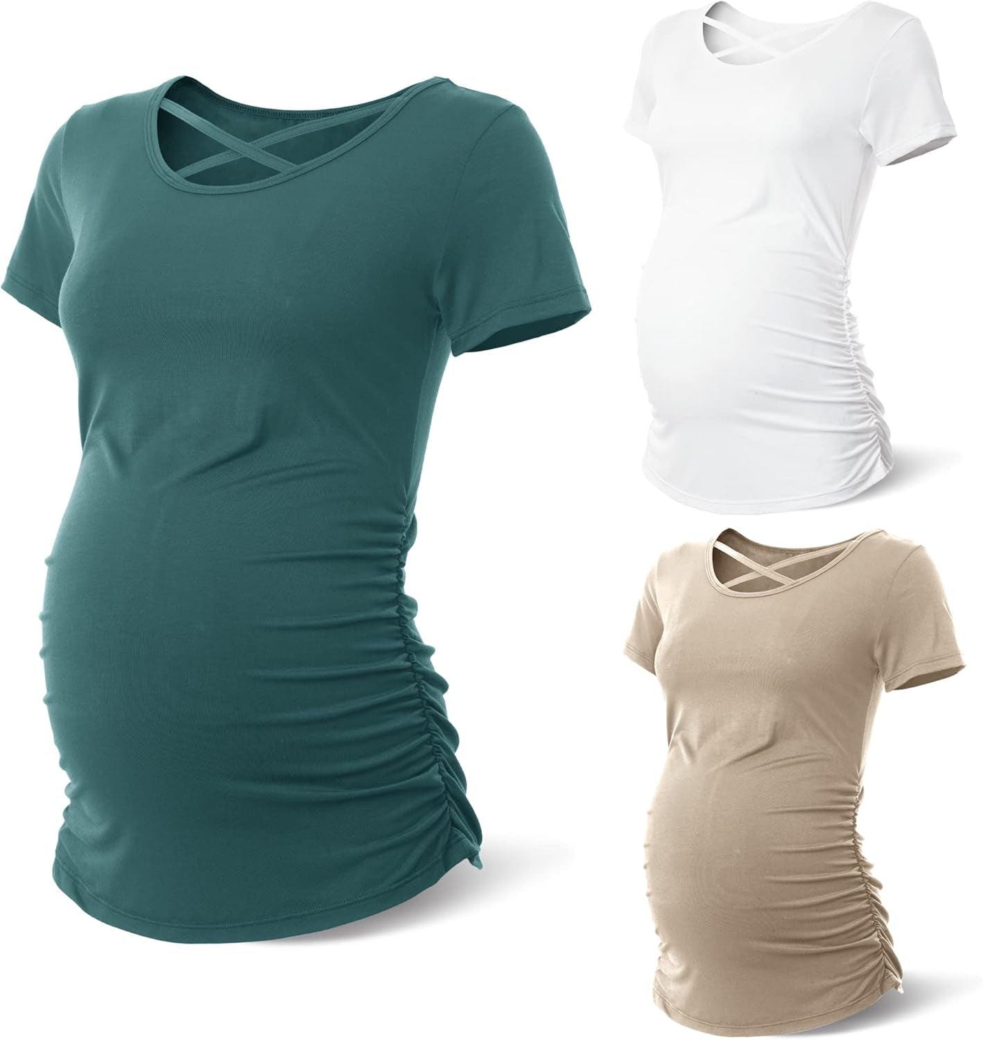 Summer Maternity Tshirt Clothes Short Sleeve Pregnancy Top 3 Pack for Pregnant Women,Khaki Teal White L