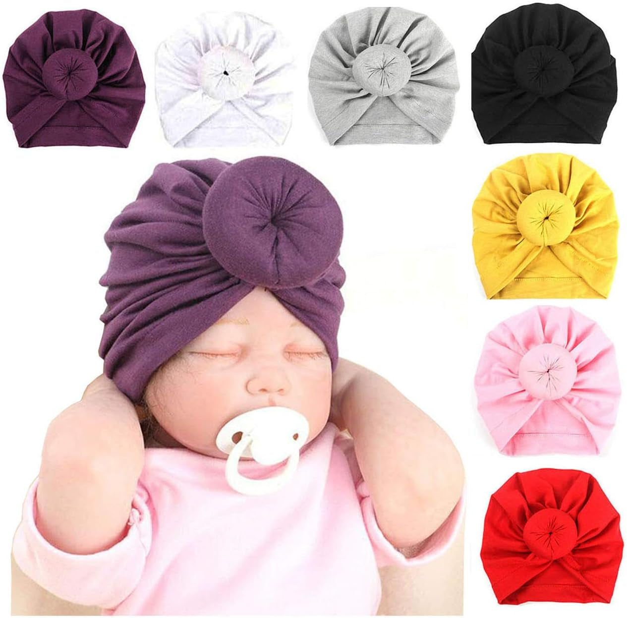 AKAISIHN Baby Turbans Newborn Girl Headwraps Baby Girl Beanie Hat with Bow Hospital Nursery Hat, 7Pcs Knot Baby Hat, Adjustable