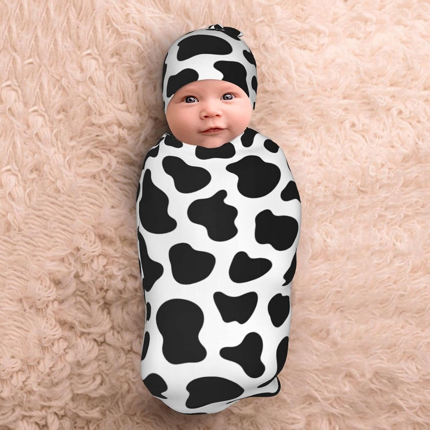 Cow Print Newborn Swaddle Blanket Baby Receiving Blanket with Beanie Hat Soft and Stretchy Infant Swaddle Wrap Blanket