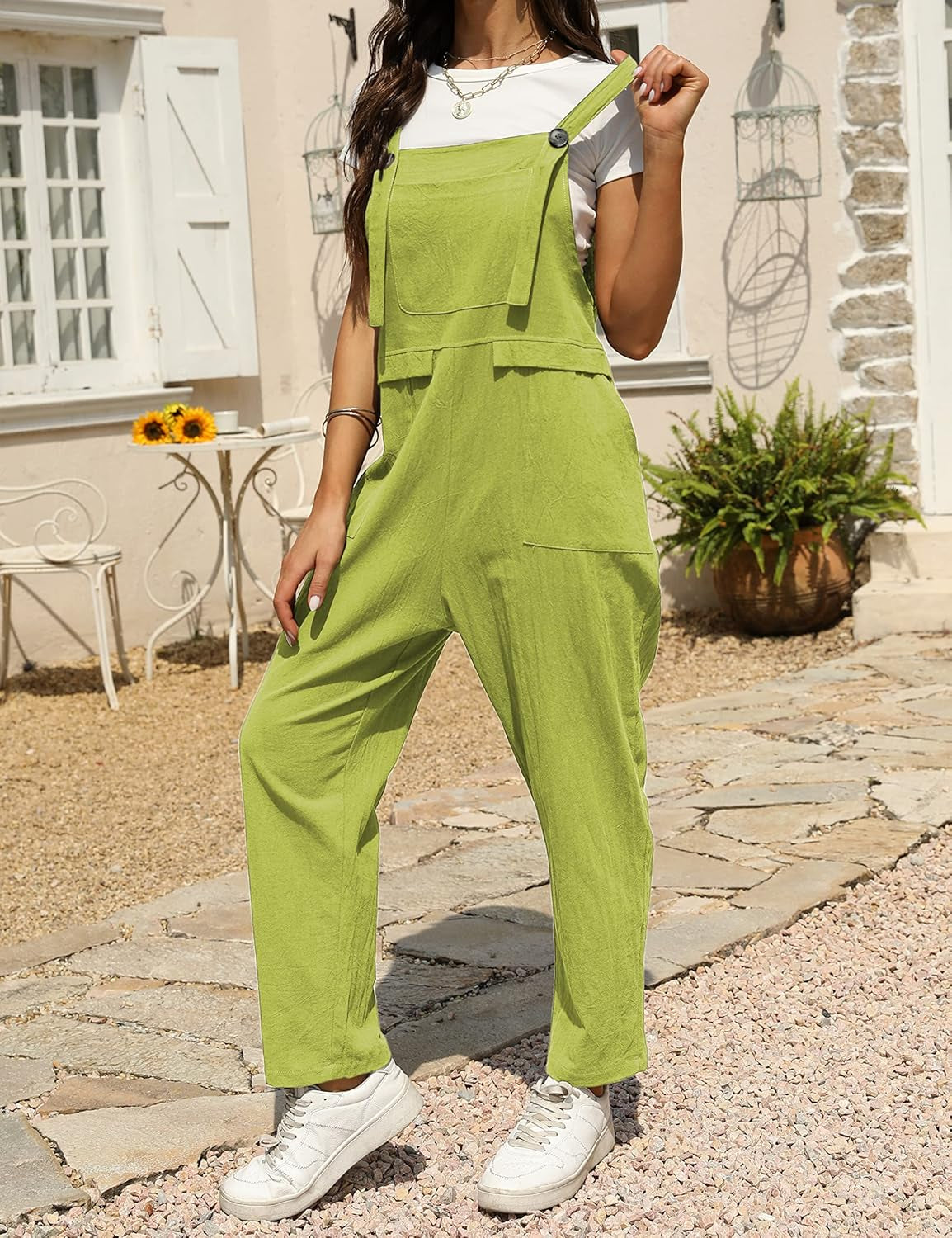 Women'S Loose Baggy Linen Cotton Summer Overalls Jumpsuits Harem Pants(Lightgreen-L)