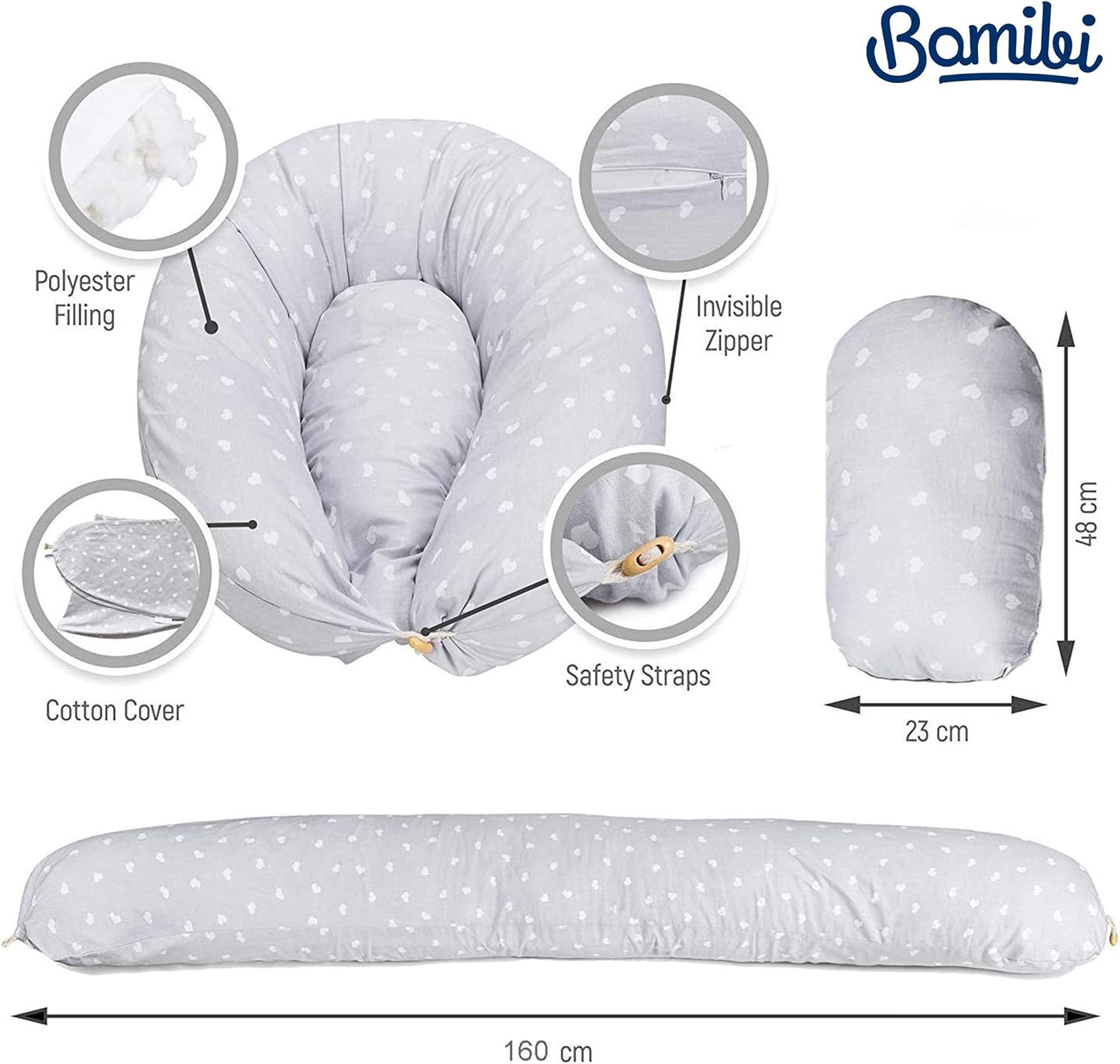 ® Pregnancy Pillow - Full Body Support Maternity Pillow for Sleeping – Providing Support for Adults and Pregnant Women Back, HIPS, Legs & Belly - Removable 100% Cotton Cover (Gray Hearts)