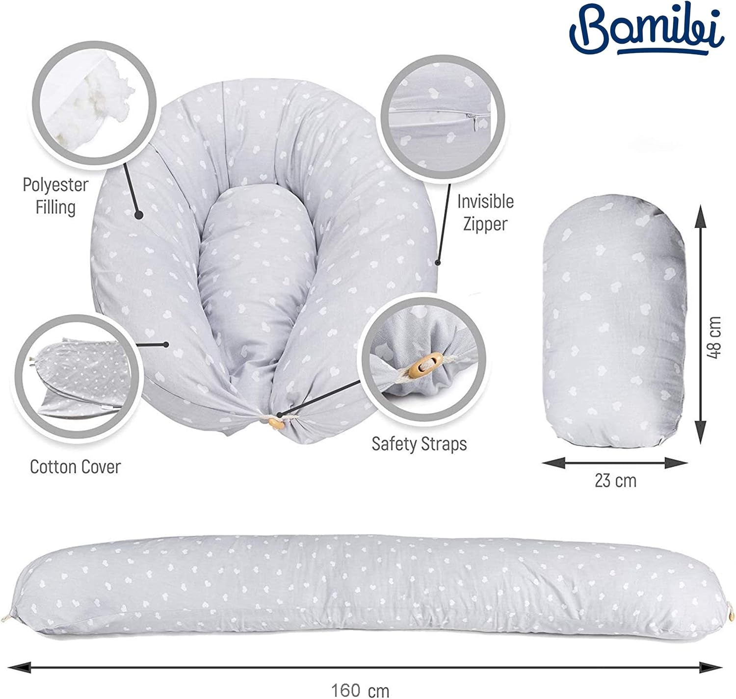 ® Pregnancy Pillow - Full Body Support Maternity Pillow for Sleeping – Providing Support for Adults and Pregnant Women Back, HIPS, Legs & Belly - Removable 100% Cotton Cover (Gray Hearts)