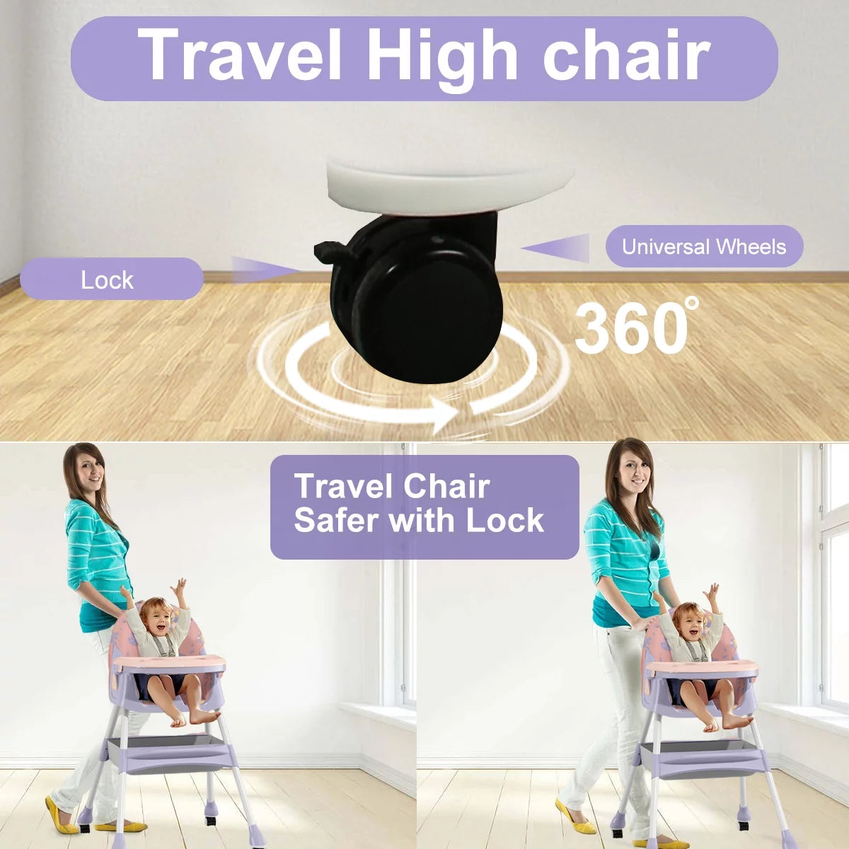 4-In-1 Baby High Chair Portable Baby Dining Chairs Eat & Play Convertible High Chair with Five-Point Snap Button, Double-Layer Dinner Plate and Toy Rack, Purple