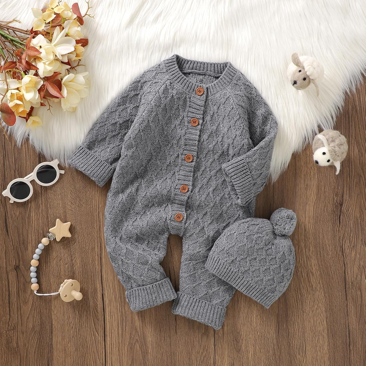 Newborn Baby Sweater Romper Knitted Sweater Long Sleeve Jumpsuit Outfits with Warm Hat