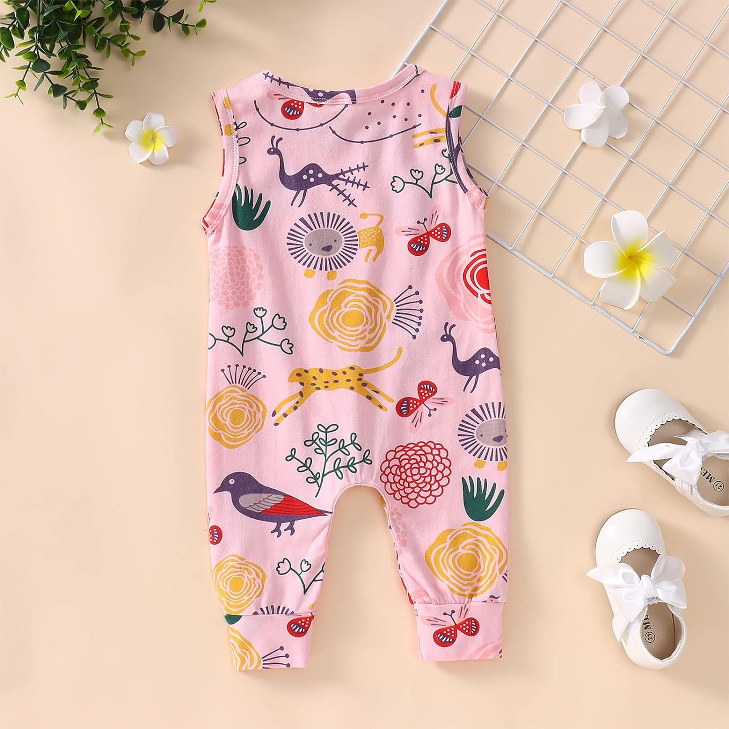 Infant Baby Girls Romper Sleeveless Floral Jumpsuit Bodysuit Onesie Overalls Cute Summer Clothes Outfits (Pink, 12-18 Months)