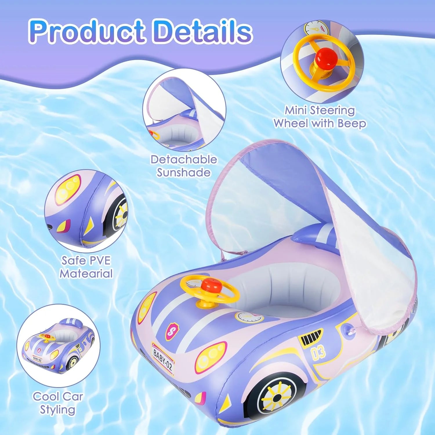 Baby Pool Float with Canopy UPF50+ Sun Protection, Heavy Duty PVC Baby Swim Float, Toddler Pool Float, Swimming Floats Seat Boat with Steering Wheel for 1-4 Years Purple