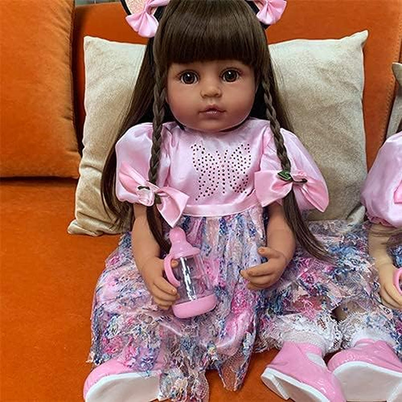 Lifelike Reborn Baby Doll Black Girl Doll Realistic Newborn Babies Full Body Vinyl Silicone 22 Inch Reborn Toddler Dolls with Pink Dress Anatomically Correct