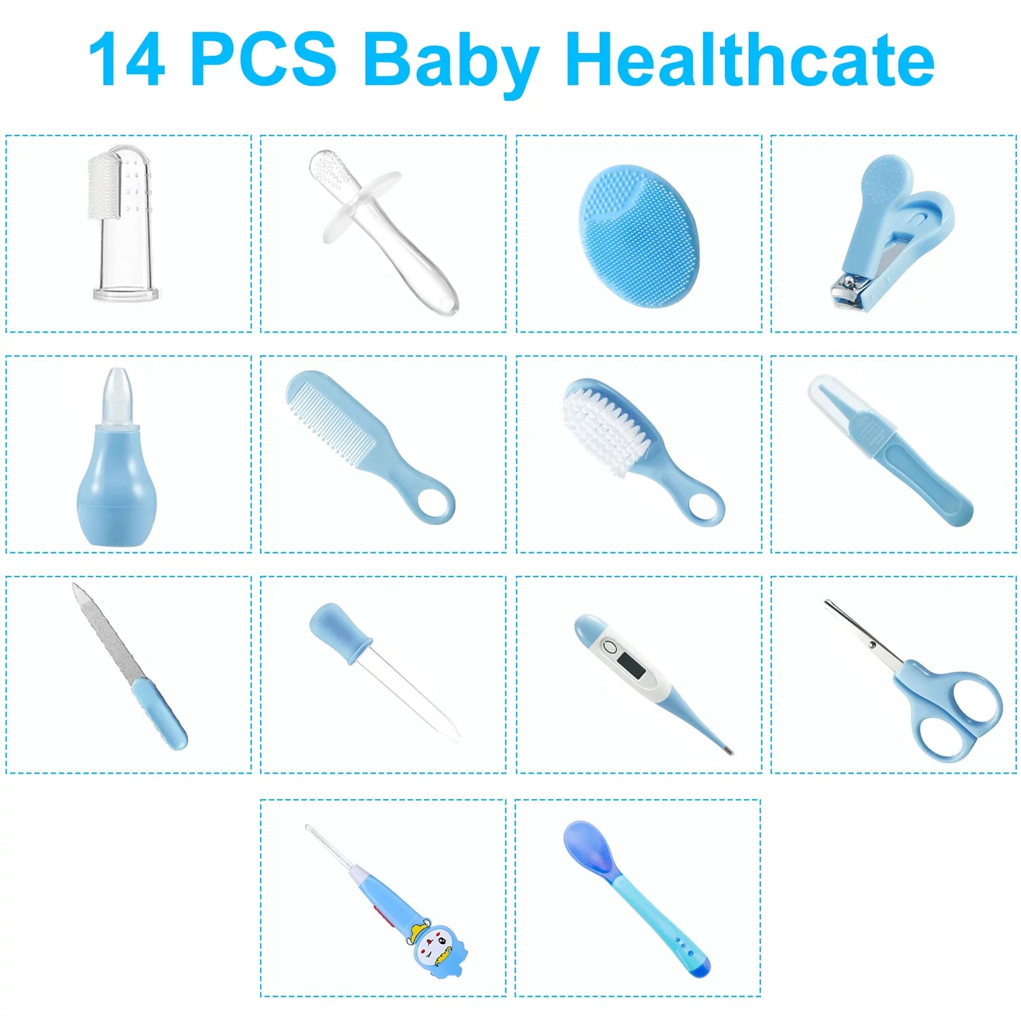 14Pcs Baby Grooming Kit, Food Grade Silicone Material Newborn Essentials, Portable Newborn Safety Care Set with Nail Clipper, Hair Brush, Ear Cleaner, Nasal Aspirator for Baby Girl Boys, Blue