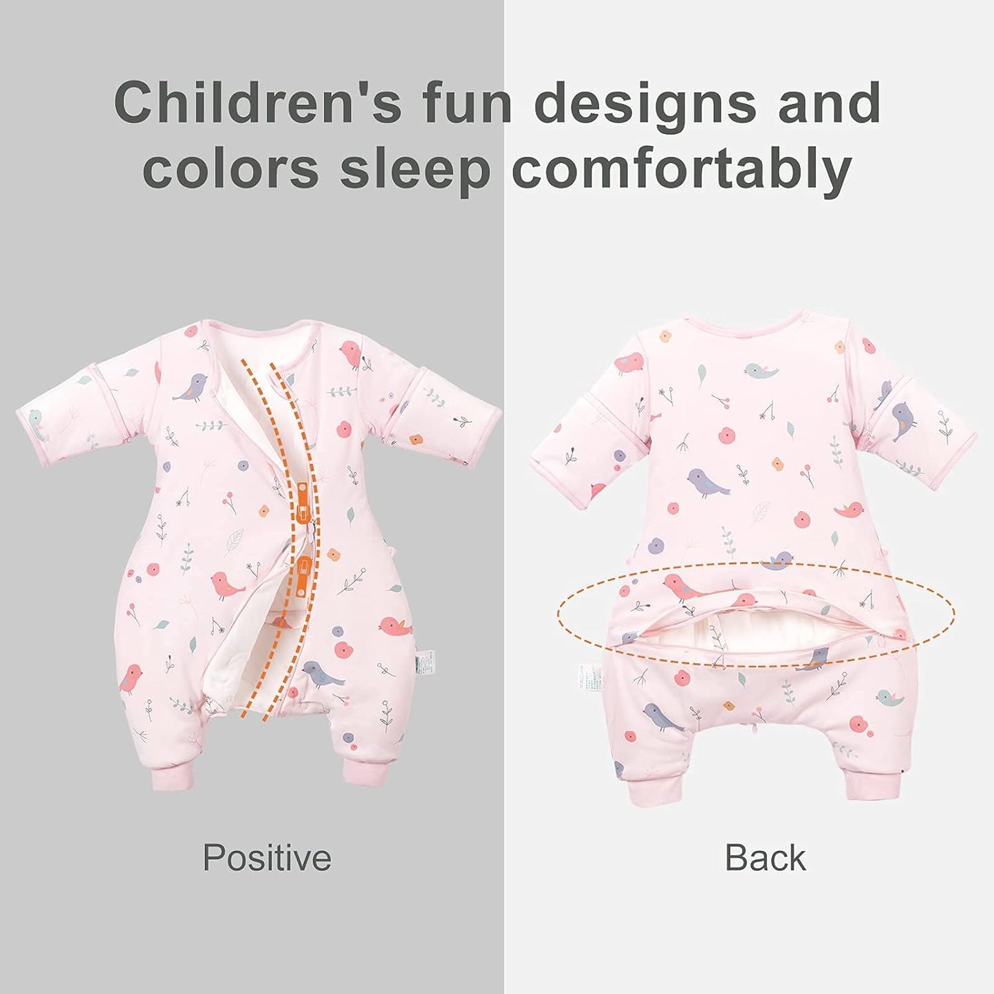 BN Long Sleeve Sleep Sacks for Toddlers 4T-5T, Toddler Sleeping Sack with Feet, Warm Wearable Blanket Baby with 2-Way Zipper (XL, Pink Bird, 1.0Tog)