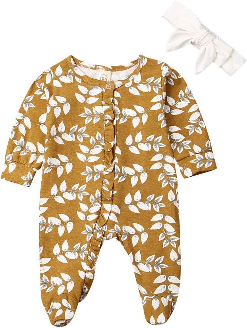 Newborn Baby Girl Boy Romper Jumpsuit Footed Romper Ruffle Footie Bodysuit Fall Winter Outfit Clothes (Floral Footies, 0-3 Months)