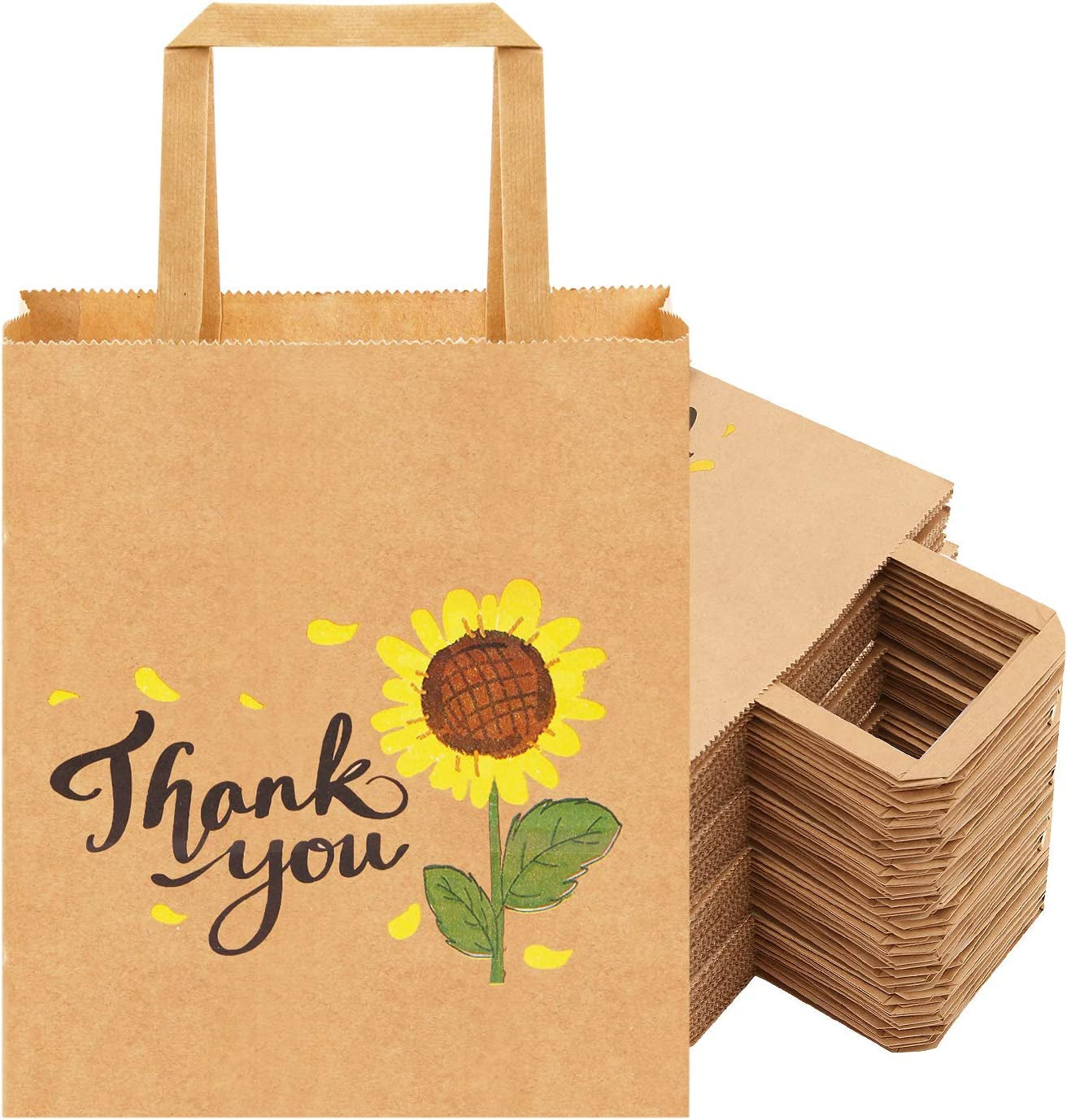 50Pcs 10X8X4.7 Thank You Gift Bags Bulk, Thank You Bags for Business Small, Sunflower Paper Gift Bags with Handles Bulk, Thank You Paper Bags with Handles Bulk, Small Gift Bags Retail Bags (B)