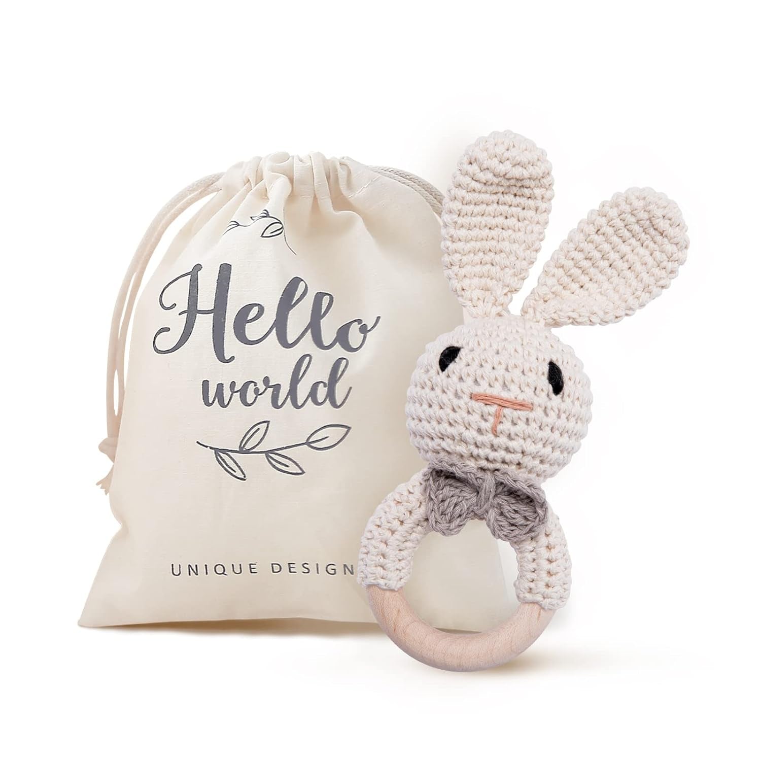 Wooden Baby Rattle Toys, Easter Bunny Rattle for Baby Crochet Bunny Rattle Toy Natural Wood, Shaker Rattle for Hand Grips, Boy Girl First Rattle Gift, Newborn Gifts (Bunny)