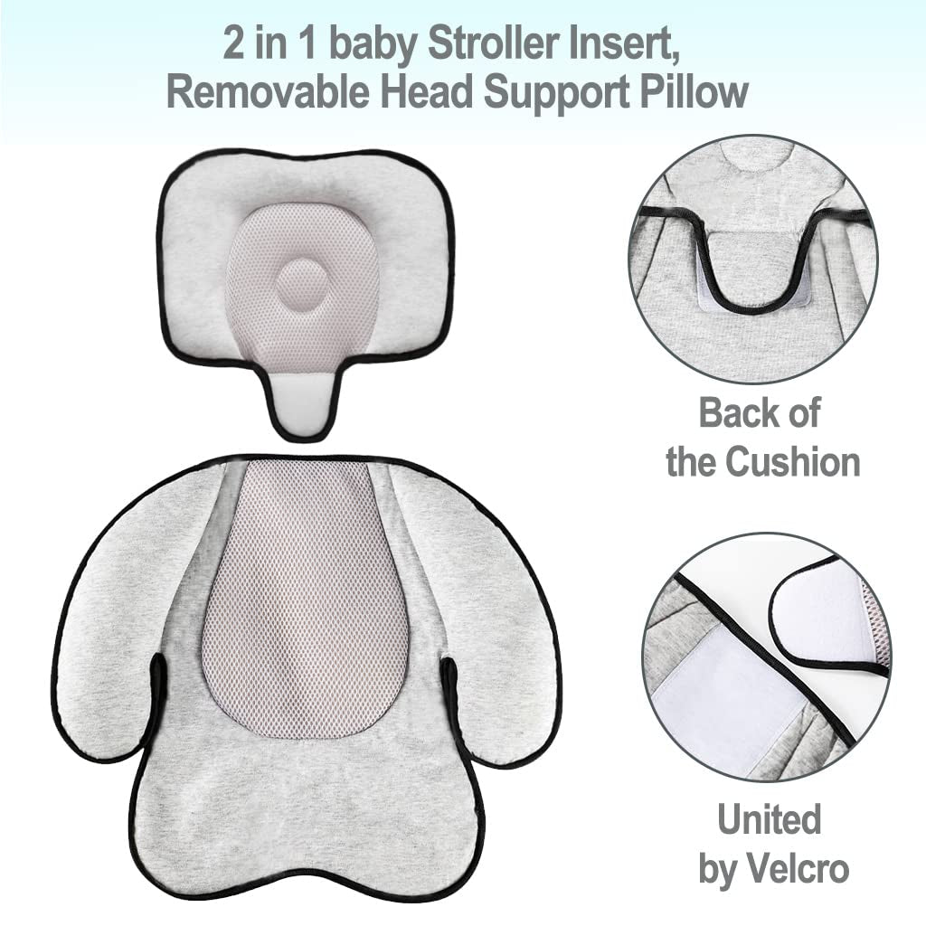 3 in 1 Baby Stroller Seat Cushion, Toddler Car Seat Pad Baby Head Pillow Neck Support Cushion for Newborn and Toddler, Grey