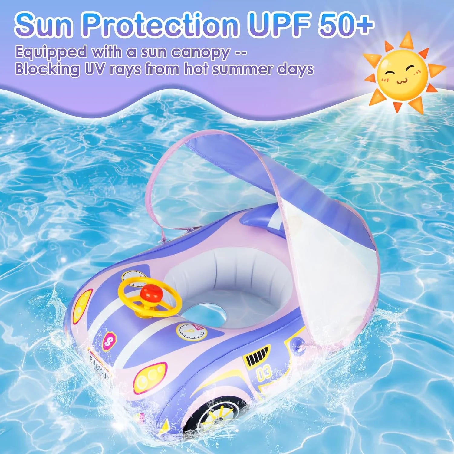 Baby Pool Float with Canopy UPF50+ Sun Protection, Heavy Duty PVC Baby Swim Float, Toddler Pool Float, Swimming Floats Seat Boat with Steering Wheel for 1-4 Years Purple